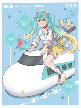 1girl 39 absurdres aqua_eyes aqua_hair aqua_nails bag belt beret blush bow bowtie character_name cropped_jacket flag gradient_hair hat hatsune_miku highres holding holding_flag jacket long_hair long_sleeves looking_at_viewer magical_mirai_(vocaloid) magical_mirai_miku magical_mirai_miku_(2024) multicolored_hair open_mouth pink_nails plaid_clothes plaid_skirt pleated_skirt shinonome_konpeitou shoes shorts shorts_under_skirt shoulder_bag skirt smile train twintails very_long_hair vocaloid white_belt white_jacket white_shoes yellow_skirt