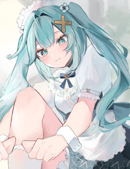 1girl apron aqua_hair closed_mouth commentary_request dress faruzan_(genshin_impact) frilled_apron frilled_hairband frills genshin_impact hair_between_eyes hair_ornament hairband highres long_hair maid maid_apron maid_headdress niiro_229 puffy_short_sleeves puffy_sleeves short_sleeves sidelocks smile solo thighhighs triangular_eyewear twintails very_long_hair white_apron white_dress white_thighhighs wrist_cuffs x_hair_ornament