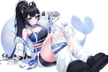 1girl absurdres alpha_transparency animal_ear_headphones animal_ears armpits bandaged_leg bandages bandaid bandaid_on_leg bandeau bare_shoulders belt bike_shorts black_gloves black_hair black_shirt black_shorts blue_choker blue_eyes blue_nails breasts cat_ear_headphones cat_ears choker cleavage crop_top cropped_jacket fake_animal_ears fingerless_gloves full_body gloves grin hair_ornament hand_up headphones highres indie_virtual_youtuber jacket jewelry knees_up korean_commentary large_breasts long_hair long_sleeves looking_at_viewer loose_socks making-of_available medium_breasts midriff necklace off_shoulder open_clothes open_jacket ponytail see-through_clothes shirt shoes short_shorts shorts shorts_under_skirt sitting skirt sleeveless sleeveless_shirt smile socks solo strapless thighs transparent_background tube_top v very_long_hair virtual_youtuber white_jacket white_shorts white_skirt white_socks yeon_do_e yeorumi_(vtuber)