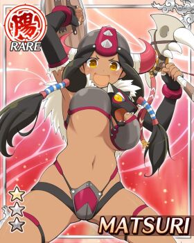 1girl :d armor bikini_armor black_armor border bouncing_breasts breasts brown_eyes brown_hair card_(medium) cleavage dark-skinned_female dark_skin fake_horns game_cg hair_ornament hairclip helmet horned_helmet horns large_breasts long_hair looking_at_viewer low-tied_long_hair low_twintails matsuri_(senran_kagura) native_american navel non-web_source official_alternate_costume official_art open_mouth senran_kagura senran_kagura_new_wave shield smile solo tomahawk twintails