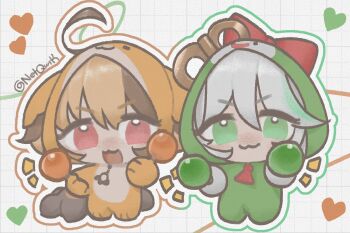 2girls :3 :d ahoge black_tail bow brown_hair brown_outline cecilia_immergreen chibi chibi_only commentary english_commentary full_body gigi_murin green_eyes green_hair green_outline grid_background hair_between_eyes heart holding holding_instrument holding_maracas hololive hololive_english hood hood_up instrument maracas multicolored_hair multicolored_outline multiple_girls netqwrk onesie open_mouth orange_hair outline pink_eyes red_bow smile tail two-tone_hair virtual_youtuber watermark white_hair winding_key