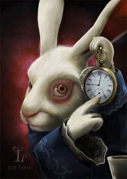 1boy alice&#039;s_adventures_in_wonderland animal_ears artist_logo artist_name brown_eyes logo luztapiaart pocket_watch pointing pointing_at_object rabbit rabbit_ears solo upper_body watch white_fur white_rabbit_(alice_in_wonderland) wide_sleeves