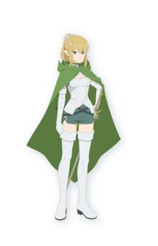 1girl absurdres artist_request blonde_hair boots breasts cape commentary commentary_request dungeon_ni_deai_wo_motomeru_no_wa_machigatteiru_darou_ka elbow_gloves elf gloves green_cape green_shorts hand_on_own_hip highres medium_breasts official_alternate_hair_color official_alternate_hairstyle official_art pointy_ears ponytail ryu_lion shorts solo standing thigh_boots transparent_background white_boots white_gloves