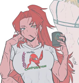 1girl binah_(project_moon) black_hair blonde_hair breasts character_print commentary cup english_text gebura_(project_moon) grey_eyes hair_intakes head_out_of_frame heterochromia high_ponytail holding holding_cup large_breasts library_of_ruina long_hair mug multicolored_hair nothing_there ponytail project_moon red_hair shirt short_sleeves sidelocks simple_background solo streaked_hair tama_launcher very_long_hair white_background white_shirt