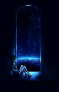 Rule 34 | 1boy, absurdres, barefoot, blue sky, commentary, constellation, drawingmysoul, earth (planet), english commentary, full body, galaxy, highres, knees up, lonely, looking outside, male focus, milky way, nebula, night, non-web source, original, planet, reflective floor, scenery, short hair, sitting, sky, solo, space, star (sky), stargazing, starry sky, starry sky background, tower