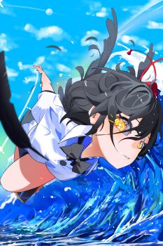 1girl absurdres black_bow black_bowtie black_feathers black_hair black_skirt blue_sky bow bowtie breasts bright_pupils cloud commentary feathered_wings feathers hair_between_eyes harikane0 hat highres looking_at_viewer medium_breasts medium_hair parted_lips shameimaru_aya shirt short_sleeves skirt sky solo thighs tokin_hat touhou water waves white_pupils white_shirt wings yellow_eyes