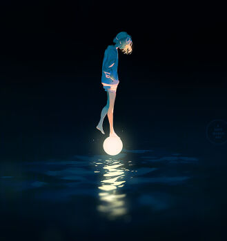 1girl artist_logo bare_legs barefoot black_background blue_hair blue_hoodie blue_jacket blue_theme closed_eyes commentary english_commentary floating from_side full_body glowing hands_in_pockets hood hoodie jacket logo loika long_sleeves looking_down night orb original outdoors profile reflection ripples short_hair shorts solo standing surreal underlighting water