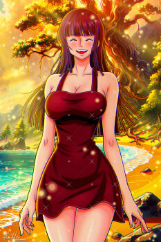 1girl :d aladdin_(ala21ddin21) bare_shoulders beach black_dress blunt_bangs blush closed_eyes collarbone dress highres long_hair nico_robin ocean one_piece open_mouth short_dress sleeveless sleeveless_dress smile solo sparkle tree water