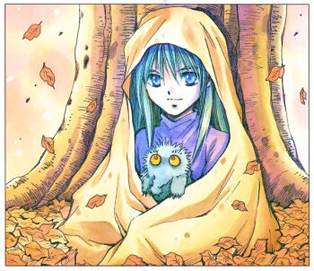 1girl autumn_leaves blue_eyes blue_hair border closed_mouth comiket commentary_request creature falling_leaves leaf long_hair looking_ahead mukai_natsumi original outdoors solo traditional_media tree under_tree white_border