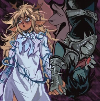 Rule 34 | alternate skin color, animal ears, antlers, armor, blonde hair, blue skin, colored skin, darkened skin, deer antlers, deer ears, deer girl, deltarune, dress, eyelashes, highres, horns, kris (dark world) (deltarune), kris (deltarune), long hair, noelle holiday, noelle holiday (dark world), reindeer girl, utdr (toby fox), very long hair, weird route (deltarune), whoareyoupisi