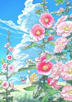 2girls artist_name blue_sky blue_tabard bud cat_girl cat_tail chen chinese_commentary cloud cloudy_sky commentary_request cumulonimbus_cloud dahuang dated dress flower flower_focus fox_girl fox_tail from_side grass green_hat hat highres hollyhock long_sleeves mob_cap multiple_girls multiple_tails outdoors pink_flower plant plant_focus red_dress scenery sky tabard tail touhou two_tails walking white_dress white_hat yakumo_ran