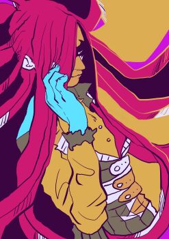 1girl abstract absurdres alternate_hair_color artist_request blouse blue_eyes boku_no_hero_academia breasts buttons collared_shirt corset crease domino_mask evil_smile eye_mask fingernails floating_hair frilled_sleeves frills hand_up highres light_smile living_hair long_hair long_sleeves looking_to_the_side mask medium_breasts no_gloves parted_bangs pink_hair scan shirt sidelocks slice_(boku_no_hero_academia) smile standing upper_body very_long_hair