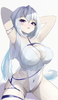 1girl absurdres alchemy_stars armlet armpits arms_behind_head asymmetrical_bangs asymmetrical_hair azure_(alchemy_stars) blue_eyes bow breasts choker cleavage collarbone facial_mark gluteal_fold hands_up highleg highres jewelry large_breasts legs_apart long_hair looking_at_viewer navel on_floor parted_lips revealing_clothes sidelocks simple_background sitting smile solo teeth thick_thighs thigh_strap thighs white_background white_hair ye_he_yue