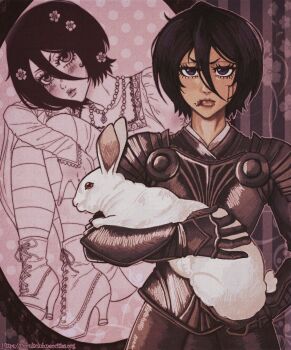 0ccultclub 2girls animal arm_behind_back armor black_hair bleach blood blood_on_face commentary cuts dress dual_persona english_commentary floral_background flower hair_between_eyes hair_flower hair_ornament high_heels highres holding holding_animal injury jewelry kuchiki_rukia lips mole mole_under_eye multiple_girls multiple_necklaces necklace partially_colored polka_dot polka_dot_background purple_eyes rabbit serious short_hair sitting striped_clothes striped_thighhighs thighhighs v-shaped_eyebrows