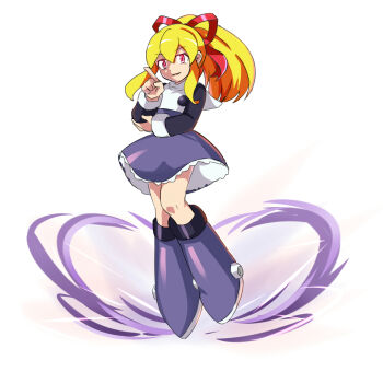 Rule 34 | 1girl, android, armored boots, black sleeves, blonde hair, boots, capcom, dress, evil smile, floating, hair between eyes, hair ribbon, highres, joints, knee boots, long hair, long sleeves, looking at viewer, marvel vs. capcom, mechanical boots, mega man (series), mega man x (series), mega man x dive, miniskirt, purple dress, purple skirt, red eyes, red ribbon, ribbon, robot girl, robot joints, roll (mega man), sadfg02, sidelocks, simple background, skirt, smile, solo, white background