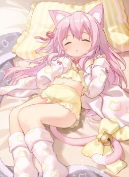 1girl absurdres alternate_costume animal_ears azur_lane bedwetting bell bloomers blush bow camisole cardigan cat_ears cat_girl cat_tail cloneko_(zelmeledf2) closed_eyes commission commissioner_upload frilled_pillow frills hair_ribbon highres kisaragi_(azur_lane) loli long_hair long_sleeves lying midriff navel non-web_source on_back open_mouth pee peeing peeing_self pillow pink_hair pink_ribbon ribbon skeb_commission sleeping socks solo tail tail_bell tail_bow tail_ornament underwear variant_set white_cardigan white_socks yellow_bloomers yellow_bow yellow_camisole