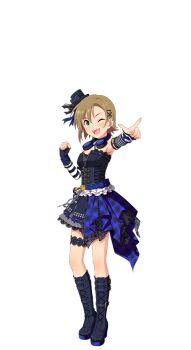 1girl boots brown_hair fingerless_gloves gloves green_eyes hair_ornament hairclip hat headphones idol_clothes idolmaster idolmaster_cinderella_girls idolmaster_cinderella_girls_starlight_stage lace-up_boots mini_hat official_art one_eye_closed open_mouth pointing single_glove solo tada_riina transparent_background