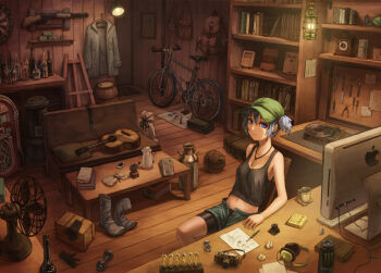 1girl absurdly_detailed_composition ammunition apple_inc. backpack bad_id bad_pixiv_id bag ball barrel baseball_cap basketball basketball_(object) belt bicycle bike_shorts bike_shorts_under_shorts black_shirt blue_eyes blue_hair book bookbag bookmark bookshelf boots bottle box breasts briefcase bulletin_board camera canteen cellphone clock clothes_hanger coffee coffee_mug coffee_pot compass computer computer_keyboard couch crate cup cupboard cushion dartboard diary dumbbell easel electric_fan energy_drink female_focus gloves guitar gun hair_bobbles hair_ornament hat headphones headphones_removed heater imac indoors inkwell instrument jacket jewelry jukebox_(music) kawashiro_nitori key kurione_(zassou) lab_coat lamp lantern loaded_interior looking_at_viewer mantel_clock matching_hair/eyes medium_breasts midriff monster_energy mug navel necklace newspaper nixie_tube open_clothes open_fly open_shorts paper pen phone phonograph pliers pocket_watch pouch quill rifle sack screwdriver shelf shirt short_hair short_shorts short_twintails shorts shotgun sitting smartphone solo stove table tank_top teacup teapot toolbox touhou twintails two_side_up undershirt unworn_backpack unworn_bag unworn_belt unworn_boots unworn_gloves unworn_jacket unzipped watch weapon wooden_floor wrench