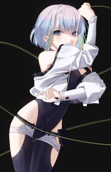 1girl absurdres bare_shoulders belt black_background black_leotard blush clothing_cutout cyberpunk cyberpunk_(series) cyberpunk:_edgerunners cyborg eyeliner gradient_hair hand_up highres holding holding_string honeyhoppin jacket leotard looking_at_viewer lucy_(cyberpunk) makeup multicolored_eyes multicolored_hair open_clothes open_jacket red_eyeliner short_hair solo string teeth thigh_cutout white_jacket