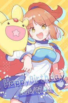 1girl 1other absurdres animal_ears arle_nadja armor armored_dress blue_skirt blush breastplate brown_eyes brown_hair cape carbuncle_(puyopuyo) commentary_request creature dated dress english_text gem_on_head hairband happy_birthday highres jazz_grace looking_at_viewer madou_monogatari open_mouth ponytail puyopuyo rabbit_ears red_cape short_hair shoulder_armor sidelocks skirt smile star_(symbol) star_in_mouth teeth upper_teeth_only wrist_cuffs yellow_background