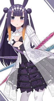 1girl absurdres ascot breasts diamond_hairband double_bun dress gradient_hair grey_hairband hair_bun hairband highres hololive hololive_english kanadeho long_hair looking_at_viewer multicolored_hair ninomae_ina&#039;nis ninomae_ina&#039;nis_(ina_the_hero) official_alternate_costume official_alternate_hairstyle open_mouth orange_hair pointy_ears purple_eyes purple_hair small_breasts solo tentacle_hair twintails_with_hair_base virtual_youtuber white_ascot white_dress