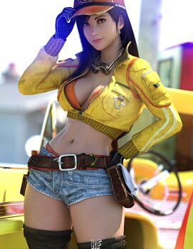 1girl 3d absurdres alternate_costume belt black_hair bra breasts buckle car cidney_aurum cidney_aurum_(cosplay) cleavage closed_mouth collar cosplay day denim earrings female_focus final_fantasy final_fantasy_vii final_fantasy_vii_remake final_fantasy_xv gloves goggles goggles_around_neck hand_on_own_hip hat highres jacket jeans jewelry long_hair midriff motor_vehicle navel outdoors panties pants partially_unzipped popped_collar red_eyes rudefrog short_shorts shorts solo square_enix standing stomach thighs tifa_lockhart tool_belt underwear yellow_jacket zipper zipper_pull_tab