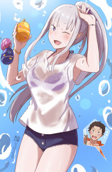 1boy 1girl arms_up black_hair blush bra brown_eyes emilia_(re:zero) gabuillust hand_on_own_head highres long_hair one_eye_closed outdoors purple_eyes re:zero_kara_hajimeru_isekai_seikatsu see-through_clothes splashing thighs underwear water water_drop white_hair
