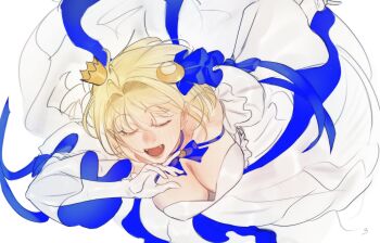 1girl arcueid_brunestud bare_shoulders blonde_hair blue_bow blush bow breasts cleavage commentary_request crescent crescent_hair_ornament crown dress fangs fate/grand_order fate_(series) floating_clothes floating_hair hair_ornament happy highres large_breasts leodot open_mouth phantas-moon phantas-moon_(happy_verse) ribbon short_hair smile solo space_phantas-moon_another_christmas tsukihime tsukihime_(remake) wavy_hair
