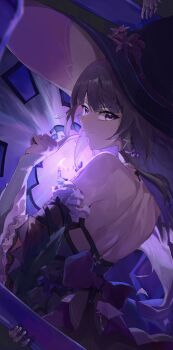 1girl absurdres backless_outfit bare_back bare_shoulders grey_hair hand_up harutoman hat herta_(honkai:_star_rail) highres honkai:_star_rail honkai_(series) long_hair looking_at_viewer pointing pointing_at_self purple_eyes smile solo the_herta_(honkai:_star_rail) upper_body witch_hat