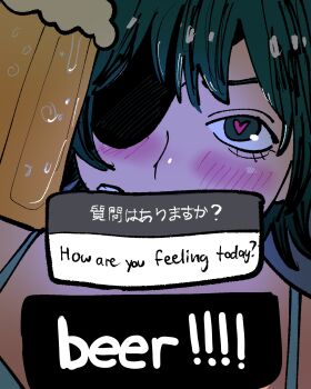 absurdres alcohol beer beer_mug blush camera_view chainsaw_man cup drunk eyepatch green_eyes heart heart-shaped_pupils highres himeno_(chainsaw_man) how_are_you_feeling_today_beer_(meme) looking_at_viewer machipachi1901 meme mug singlet symbol-shaped_pupils tagme tank_top