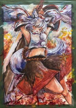 1girl absurdres animal_ears armpits black_skirt detached_sleeves fang geta harikona hat highres holding holding_sword holding_weapon huge_weapon inubashiri_momiji leaf maple_leaf navel painting_(medium) photo_(medium) pom_pom_(clothes) red_eyes red_hat ribbon-trimmed_sleeves ribbon_trim shield signature skirt solo sword tail tengu-geta tokin_hat touhou traditional_media watercolor_(medium) weapon white_hair wolf_ears wolf_girl wolf_tail