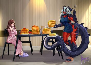 2girls :d apron arc_lauren artist_name atta_(warrior_atta) bathrobe black_bra black_lips black_panties black_sclera blue_apron blue_eyes blue_scales blush bra breasts brown_hair chair claws colored_sclera colored_skin commentary commission dragon_girl dragon_horns dragon_tail english_commentary flipped_hair food fruit full_body grin highres holding holding_plate holding_spatula holding_with_tail horns indoors large_breasts long_hair looking_at_another maple_syrup multiple_girls multiple_horns open_mouth original own_hands_together pancake pancake_stack panties pink_robe pitcher_(container) plate prehensile_tail purple_slippers red_skin reduvia_novalighter_(reduvian) robe scar scar_on_leg sideboob sitting slippers smile spatula standing strawberry table tail underwear wavy_hair white_hair yellow_eyes