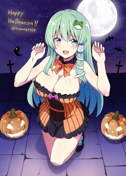 1girl blush breasts cleavage dress fangs frog_hair_ornament green_hair hair_ornament hair_tubes halloween halloween_costume highres jack-o&#039;-lantern kochiya_sanae kyanta5354 large_breasts long_hair looking_at_viewer night open_mouth single_hair_tube smile snake_hair_ornament solo strapless strapless_dress touhou vampire_costume