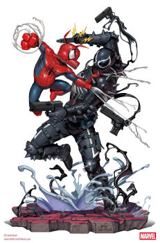 2boys agent_venom artist_logo artist_name black_bodysuit blue_bodysuit bodysuit faux_figurine fighting gun handgun highres holding holding_gun holding_weapon in-hyuk_lee instagram_logo instagram_username logo marvel multicolored_bodysuit multiple_boys red_bodysuit simple_background spider-ham spider-man_(series) spider-verse symbiote two-tone_bodysuit watermark weapon web_address white_background