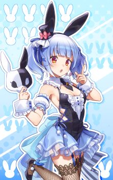 1girl akabino animal_ear_hairband animal_ears back_bow black_hairband black_hat black_leotard black_necktie black_shoes black_thighhighs blue_background blue_bow blue_hair blue_skirt blunt_bangs blush bow breasts center_frills closed_mouth commentary_request cross-laced_clothes cross-laced_leotard detached_sleeves fake_animal_ears fishnet_thighhighs fishnets frilled_shirt_collar frilled_wrist_cuffs frills hairband hat hat_bow hat_ribbon high_heels highres holding holding_mask hololive index_finger_raised leotard looking_at_viewer mask medium_breasts mini_hat mini_top_hat miniskirt necktie official_alternate_costume official_alternate_hairstyle open_mouth pekomon_(usada_pekora) pink_bow pink_ribbon puffy_short_sleeves puffy_sleeves rabbit_background rabbit_ear_hairband rabbit_ears rabbit_girl rabbit_mask rabbit_tail red_eyes ribbon shoes short_hair short_necktie short_sleeves short_twintails skirt solo standing standing_on_one_leg tail teeth thick_eyebrows thighhighs top_hat twintails upper_teeth_only usada_pekora usada_pekora_(furi_furi_bunny_dress) virtual_youtuber white_sleeves wrist_cuffs