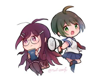 2girls ahoge antenna_hair blue_sailor_collar blue_skirt blue_socks book brown_shoes chibi chibi_only closed_mouth collared_shirt commentary danganronpa_(series) danganronpa_another_episode:_ultra_despair_girls fukawa_toko full_body glasses green_eyes green_hair hair_ornament hairclip high_heels highres holding holding_book holding_megaphone long_hair long_sleeves megaphone multiple_girls naegi_komaru open_mouth purple_eyes purple_hair purple_shirt purple_shoes purple_skirt purple_thighhighs round_eyewear sailor_collar school_uniform serafuku shirt shoes short_hair short_sleeves simple_background skirt smile socks thighhighs twitter_username white_background white_shirt yuri-usagi