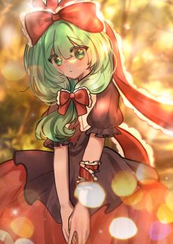 1girl blurry blurry_background blush bow depth_of_field dress frills front_ponytail green_eyes green_hair hair_bow hair_ornament hair_ribbon highres kagiyama_hina large_bow long_hair looking_at_viewer lunatic_chus2 open_mouth puffy_sleeves red_bow red_dress red_ribbon ribbon short_sleeves smile solo sunlight touhou tree