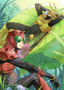 Rule 34 | 2boys, antennae, arms behind head, bodysuit, duel monster, highres, inzektor dragonfly, inzektor hornet, leaf, lying, male focus, mizutama (mizutamalion), multiple boys, red bodysuit, sitting, smile, tagme, yellow bodysuit, yu-gi-oh!