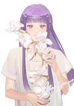 1girl absurdres blunt_bangs fern_(sousou_no_frieren) flower highres hime_cut holding holding_flower ikachyu long_hair looking_at_viewer purple_eyes purple_hair shirt short_sleeves sidelocks signature solo sousou_no_frieren straight_hair t-shirt upper_body white_background white_flower white_shirt