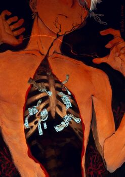 1boy body_horror closed_mouth collarbone colored_eyelashes fingernails hashtag-only_commentary highres hikaru_ga_shinda_natsu indou_hikaru isle135 male_focus melting_eyes no_organs nude red_pupils ribs short_hair skeleton solo spine twitter_username upper_body white_eyelashes white_hair