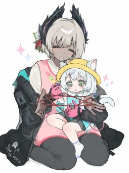 2girls ^_^ absurdres aged_down animal_ear_fluff animal_ears apron arknights black_jacket black_pants blue_shirt blush child closed_eyes commentary_request commission dark-skinned_female dark_skin extra_arms gloves green_eyes grey_hair grey_shirt hat highres holding jacket long_hair long_sleeves morita_(pixiv31883607) motherly multiple_girls pants partial_commentary pink_apron pink_gloves pixiv_commission raidian_(arknights) rosmontis_(arknights) shirt short_hair simple_background smile sparkle t-shirt white_background yellow_hat