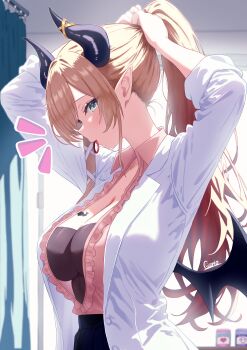 1girl absurdres aqua_eyes arms_up black_horns black_shirt black_skirt blonde_hair breast_tattoo breasts center_frills cleavage coat commentary_request curio_(curiofinity) demon_girl demon_horns demon_wings frilled_shirt frills hair_ribbon hair_tie_in_mouth highres hololive horn_ornament horn_ring horns impossible_clothes impossible_shirt indoors lab_coat large_breasts long_hair looking_at_viewer mouth_hold pink_shirt pointy_ears ponytail ribbon shirt shirt_tucked_in sidelocks skirt solo swept_bangs tattoo tress_ribbon tying_hair upper_body virtual_youtuber white_coat winged_heart winged_heart_tattoo wings yuzuki_choco yuzuki_choco_(1st_costume)