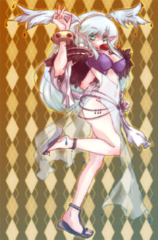 1girl 2000s_(style) argyle_background black_sandals breasts brown_background commentary_request covered_navel dress fake_wings feathered_wings full_body green_eyes hand_up head_wings large_breasts long_hair looking_at_viewer looking_to_the_side lowres pointy_ears ragnarok_online sandals see-through_clothes see-through_dress side_slit sleeveless sleeveless_dress solo sorcerer_(ragnarok_online) standing standing_on_one_leg white_dress wings yu_(ricachin)