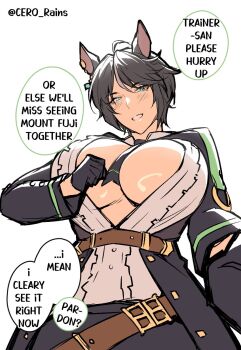 1girl ahoge alternate_breast_size_(larger) animal_ears between_breasts black_gloves black_hair black_jacket black_necktie blue_eyes blush breasts buttons center_opening cero_rains commentary ear_ornament ear_piercing english_commentary english_text from_below fuji_kiseki_(shooting_star_revue)_(umamusume) fuji_kiseki_(umamusume) gloves grey_hair half_gloves highres horse_ears huge_breasts jacket light_smile long_sleeves looking_at_viewer multicolored_hair necktie necktie_between_breasts no_bra open_clothes open_jacket parted_lips piercing reaching reaching_towards_viewer shirt short_hair solo two-tone_hair typo umamusume upper_body white_shirt