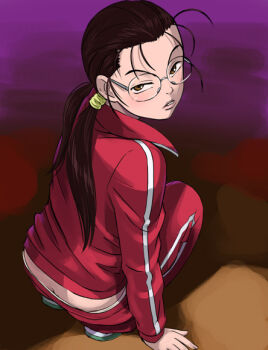 Rule 34 | 00s, 1girl, abstract background, arm support, blush, brown eyes, brown hair, butt crack, female focus, glasses, gokusen, haruyama kazunori, jacket, kazuha, looking back, morimoto kozueko, round eyewear, scowl, solo, squatting, track suit, twintails, yamaguchi kumiko