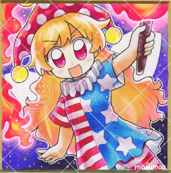1girl american_flag american_flag_dress american_flag_print artist_name clownpiece commentary dated dress fairy_wings flag_print hat highres holding holding_torch jester_cap long_hair looking_at_viewer mofumaa neck_ruff pantyhose pink_eyes polka_dot purple_hat shikishi short_sleeves smile solo star_(symbol) star_print striped_clothes striped_dress striped_pantyhose torch touhou traditional_media very_long_hair watermark watermark_grid wings