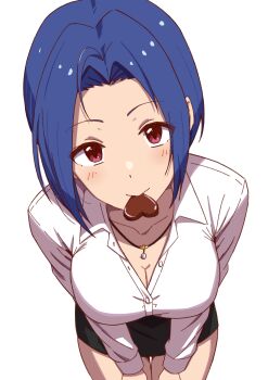 1girl absurdres black_skirt blue_hair blush breasts candy chocolate chocolate_heart cleavage collarbone commentary_request dress_shirt food forehead heart heart-shaped_food highres idolmaster idolmaster_(classic) jewelry large_breasts miniskirt miura_azusa mouth_hold necklace niwatorimushi pencil_skirt red_eyes shirt simple_background skirt smile solo thighs white_background white_shirt
