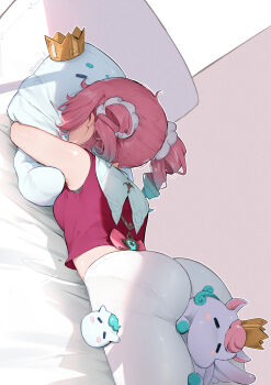 1girl absurdres aqua_bow aqua_bowtie aqua_hair ass between_buttocks bow bowtie breasts crown drill_hair gradient_hair hair_ornament hair_scrunchie highres honkai:_star_rail honkai_(series) hyacine_(honkai:_star_rail) long_hair lying medium_breasts multicolored_hair on_stomach panties panties_under_pantyhose pantyhose pantylines pillow pink_hair red_shirt scrunchie shirt sleeveless sleeveless_shirt solo twin_drills twintails underwear vinncy white_pantyhose