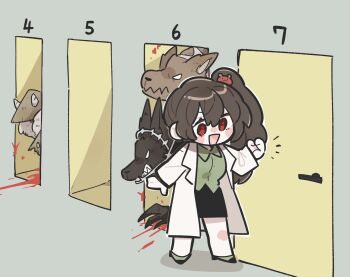 1girl :d bear_hair_ornament black_skirt blood brown_hair carmen_(project_moon) coat collared_shirt conical_hat distortion_(project_moon) dongrang_(project_moon) green_shirt hair_ornament hand_up heathcliff_(project_moon) highres hindley_(project_moon) knocking kojocho05 lab_coat limbus_company lobotomy_corporation long_hair long_sleeves open_mouth project_moon red_eyes sharp_teeth shirt skirt smile spanish_commentary standing teeth white_coat wolf