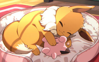 :3 brown_fur character_doll closed_eyes closed_mouth commentary doll eevee gen_1_pokemon hashtag-only_commentary indoors jigglypuff lying neck_fur nintendo no_humans on_side pet_bed pokemon pokemon_(creature) pokemon_focus solo yamada_sakura